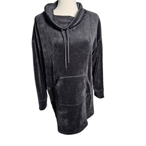 Tahari Cozy Black Velour Longline Long Hoodie Sleepwear Small